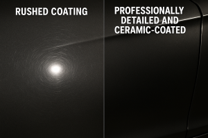 Comparison of unprofessional vs professionally applied ceramic coating panels under inspection light