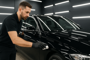 Professional detailer applying ceramic coating to a polished car under studio lighting
